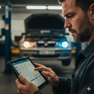 Mecánico utilizando un software para gestionar recambios de iluminación desde halógeno hasta LED.