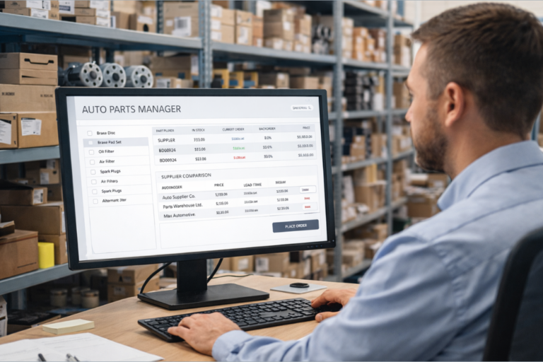 Professionnel de l’atelier utilisant la plateforme RecambioFácil pour gérer efficacement le stock de pièces avec visibilité multi-fournisseurs.