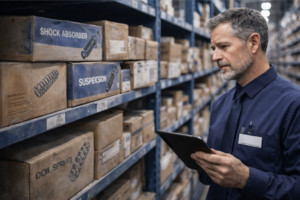 Peças de suspensão organizadas numa prateleira de oficina, com etiquetas e registo de stock visível num computador.