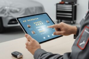 Profesional del taller revisando reseñas y valoraciones online en ordenador o tablet para gestionar la reputación digital.