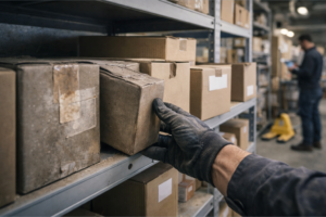 Técnico del taller organizando piezas obsoletas y preparándolas para venta rápida con ofertas relámpago.