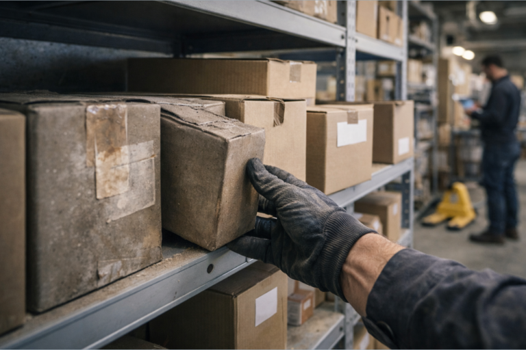 Técnico del taller organizando piezas obsoletas y preparándolas para venta rápida con ofertas relámpago.