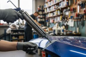 Taller mostrando distintos adhesivos y selladores usados en reparaciones de carrocería, con etiquetas de tipos y aplicaciones.