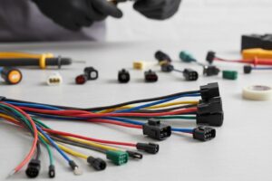 Vários conectores elétricos organizados numa bancada de oficina, com ferramentas e documentação técnica para reparações automóveis.