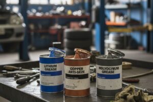 Técnico del taller mostrando distintos tipos de grasas: litio, cobre y molibdeno, para aplicaciones mecánicas.