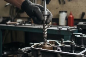 Técnico a usar um extrator de parafuso numa peça de veículo numa bancada de oficina, com ferramentas e equipamento de proteção.