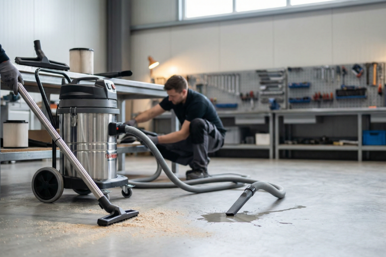 Guide d'achat : aspirateur industriel pour poussières et liquides 1 Aspirateur industriel utilisé dans un atelier pour aspirer poussières et liquides.