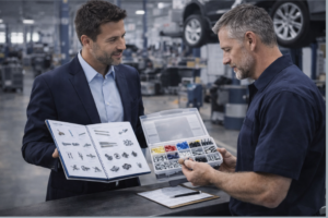 Peças de fixação de alto volume organizadas numa bancada de oficina, com etiquetas e documentação para venda e marketing.