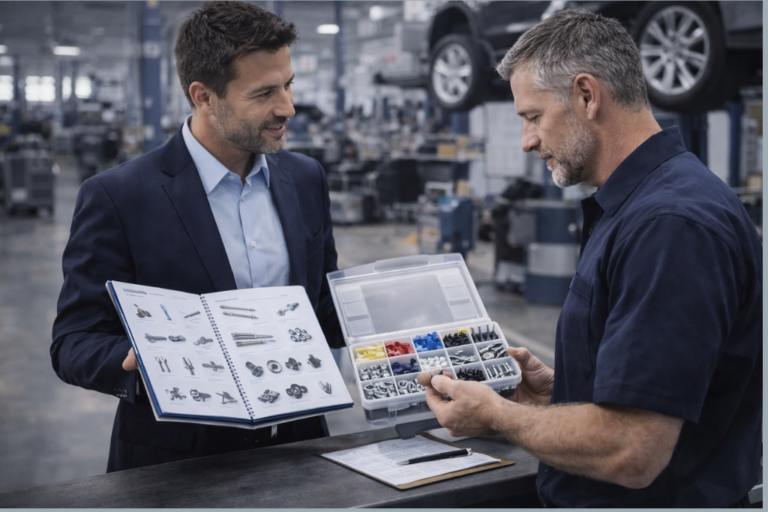 Peças de fixação de alto volume organizadas numa bancada de oficina, com etiquetas e documentação para venda e marketing.