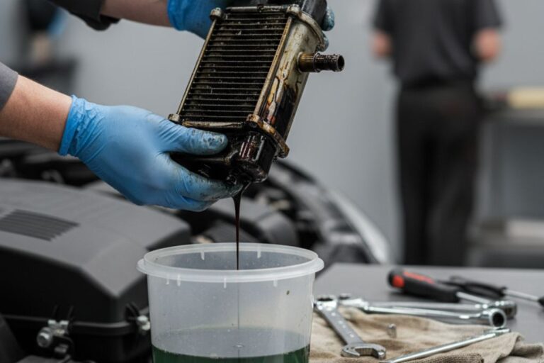 Huile dans le liquide de refroidissement : Diagnostic du refroidisseur d'huile 21 Technicien inspectant le refroidisseur d’huile pour détecter la présence d’huile dans le liquide de refroidissement.