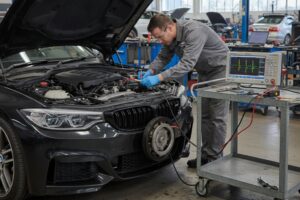 Técnico utilizando un osciloscopio para interpretar las señales del sensor de cigüeñal en un motor.