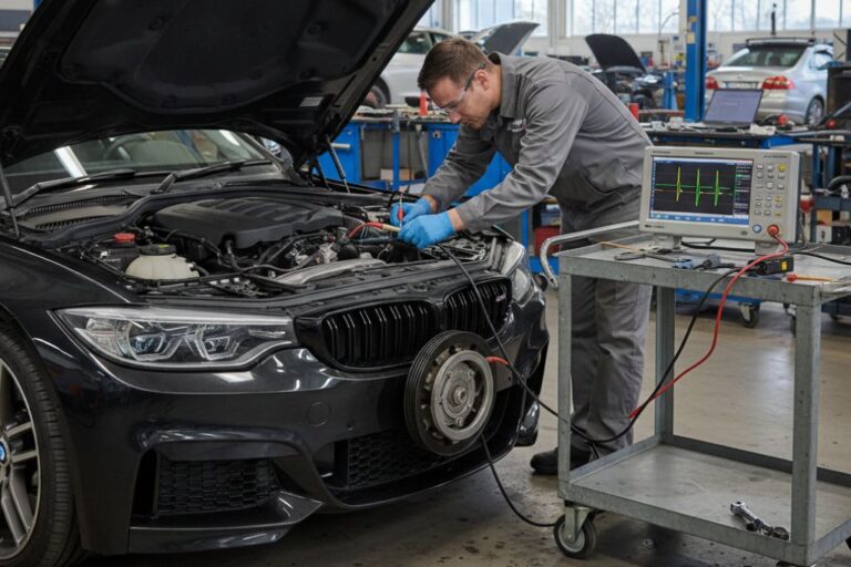Interpretación de Señales del Sensor de Cigüeñal con Osciloscopio 4 Técnico utilizando un osciloscopio para interpretar las señales del sensor de cigüeñal en un motor.