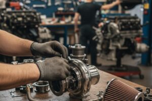 Kits de upgrade com turbo dispostos numa bancada de oficina, mostrando componentes prontos para instalação e análise de desempenho.