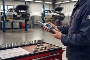 Mecánico ajustando un tornillo con una llave dinamométrica siguiendo las tablas de par de apriete.