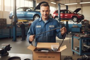 Technicien montrant un kit de courroie accessoire prêt à être installé sur un moteur.