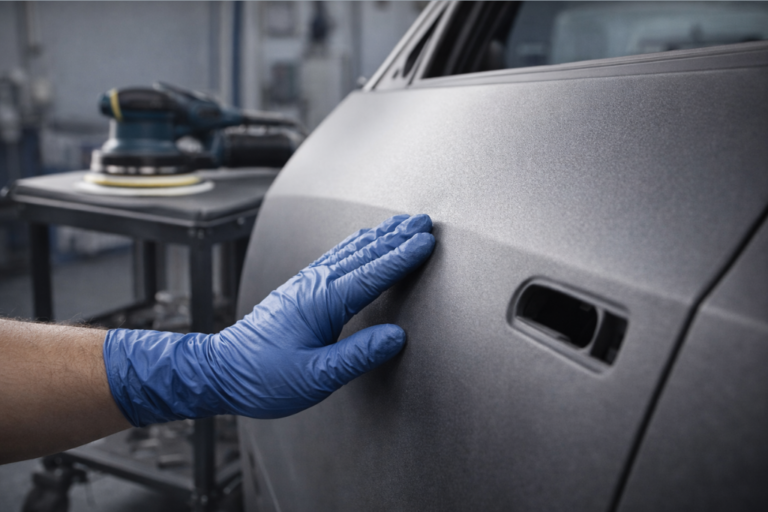 Lijadoras excéntricas: Cómo optimizar el tiempo de lijado en carrocería 7 Mecánico utilizando una lijadora excéntrica para alisar la superficie de la carrocería de un vehículo.