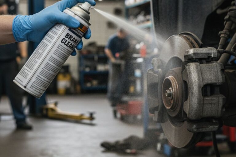 Mecánico aplicando limpiador de frenos en componentes de un vehículo, usando protección adecuada.