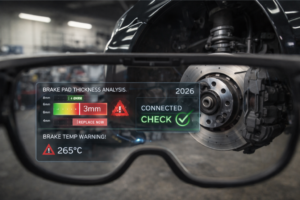 Technicien effectuant une inspection digitale des freins avec des outils connectés dans un atelier.