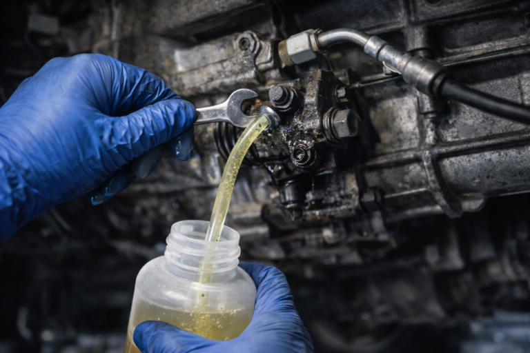 Technicien effectuant la purge d’un embrayage hydraulique avec des outils spécialisés en atelier.