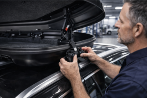 Malas de tejadilho de diferentes modelos dispostas numa oficina ou loja, com etiquetas de preço e documentação de revenda.