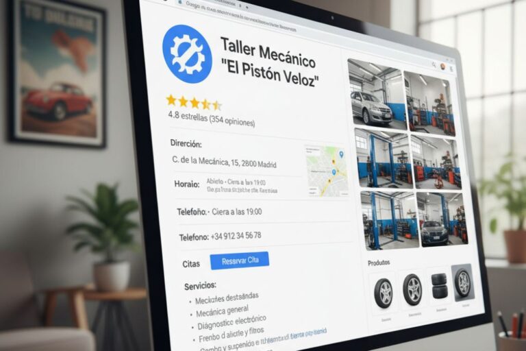 Marketing Digital para Talleres: Guía de Google Business Profile 1 Taller consultando su perfil de Google Business en un ordenador para mejorar su visibilidad online.