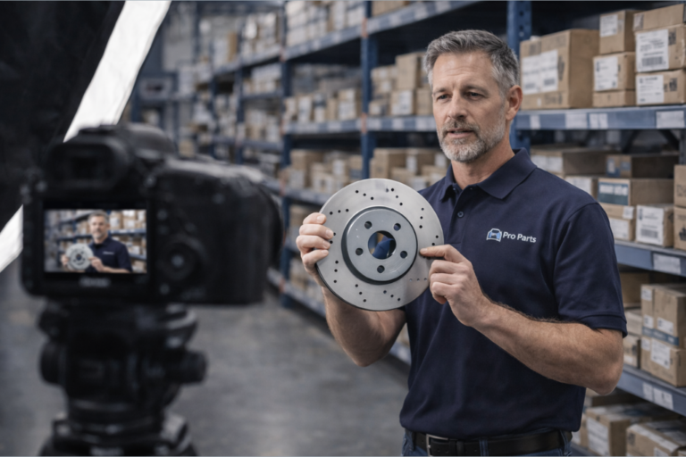 Marketing de Conteúdo para Distribuidores de Peças: O Guia para Aumentar a Credibilidade Profissional 19 Distribuidor de peças a analisar conteúdos digitais no computador, com gráficos e documentos sobre marketing visíveis.