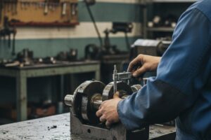 Mecánico midiendo las tolerancias del cigüeñal con instrumentos de precisión en el taller.