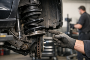 Técnico a inspecionar uma mola solta da suspensão de um veículo numa oficina, com ferramentas e equipamento de segurança visíveis.