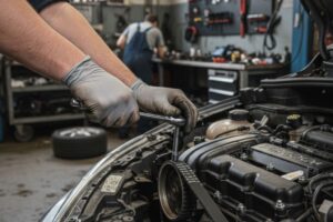 Technicien remplaçant la courroie de distribution d’un moteur PureTech dans un atelier.