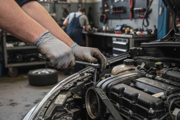 Moteurs PureTech : Le guide de remplacement de la courroie de distribution 19 Technicien remplaçant la courroie de distribution d’un moteur PureTech dans un atelier.