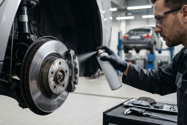 Technicien utilisant un nettoyant freins pour assurer la sécurité et optimiser le coût d’entretien.
