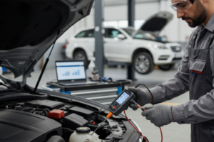 Technicien utilisant un testeur de liquide de freins connecté pour un diagnostic numérique.