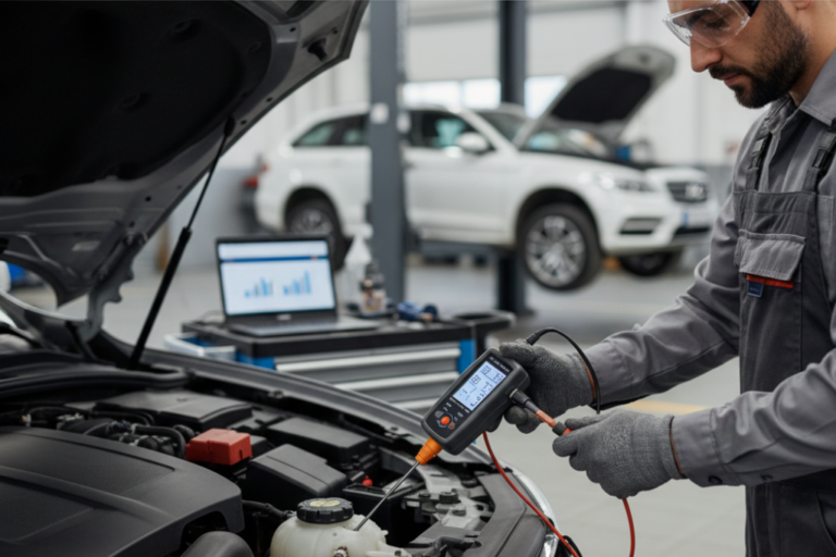 Technicien utilisant un testeur de liquide de freins connecté pour un diagnostic numérique.