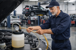 Mecánico utilizando la herramienta adecuada para realizar una purga rápida del embrague en un vehículo.