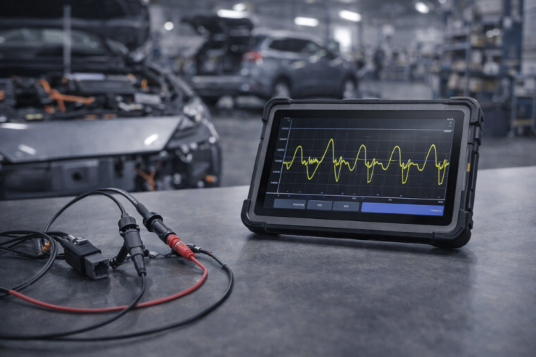 Técnico a utilizar um osciloscópio automotivo para diagnosticar sensores de ignição e injeção num veículo híbrido/eléctrico, com ferramentas de medição na oficina.