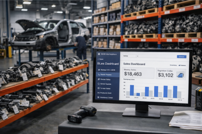 Técnico a documentar peças desmontadas num veículo, com registo digital no software RecambioFácil para otimizar o funil de vendas.