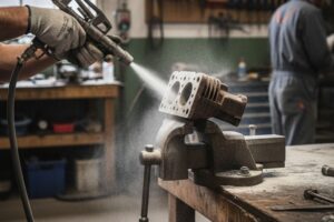 Technicien utilisant un pistolet de sablage pour restaurer une pièce automobile dans un atelier.