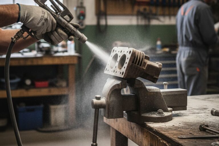 Pistolet de sablage : Offrez des services de restauration de pièces 25 Technicien utilisant un pistolet de sablage pour restaurer une pièce automobile dans un atelier.