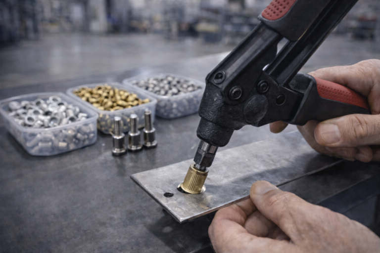 Porcas rebite dispostas numa bancada de oficina, com ferramentas de instalação e materiais para montagem visíveis.