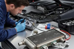 Técnico a inspecionar o radiador EGR de um veículo BMW numa bancada de oficina, com ferramentas de diagnóstico e peças de substituição.