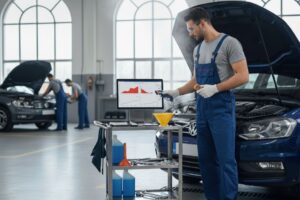 Technicien suivant un protocole pour intervenir sur un moteur en surchauffe dans un atelier automobile.