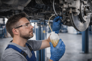 Technicien effectuant le purgage des freins en évitant les erreurs courantes pour garantir la sécurité.