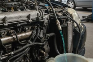 Technicien effectuant la purge du liquide de refroidissement sur un moteur automobile.