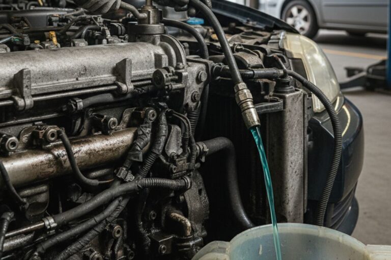 Purge du liquide de refroidissement : Procédures par type de véhicule 16 Technicien effectuant la purge du liquide de refroidissement sur un moteur automobile.