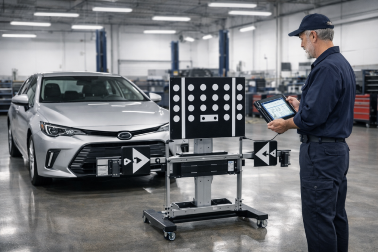 Técnico recalibrando el sistema de asistencia de carril (ADAS) de un vehículo con equipo multimarca de RecambioFácil.