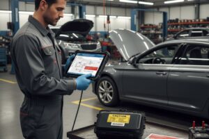 Técnico a inspecionar um airbag de veículo numa oficina, com ferramentas e documentação de recalls visíveis.