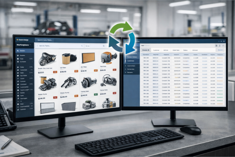 Pantalla de ordenador mostrando la integración de RecambioFácil con un sistema DMS en un taller.