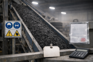Planta industrial de reciclaje de neumáticos en España con cinta transportadora de granulado de caucho negro, señalización de seguridad y documentación operativa en primer plano.