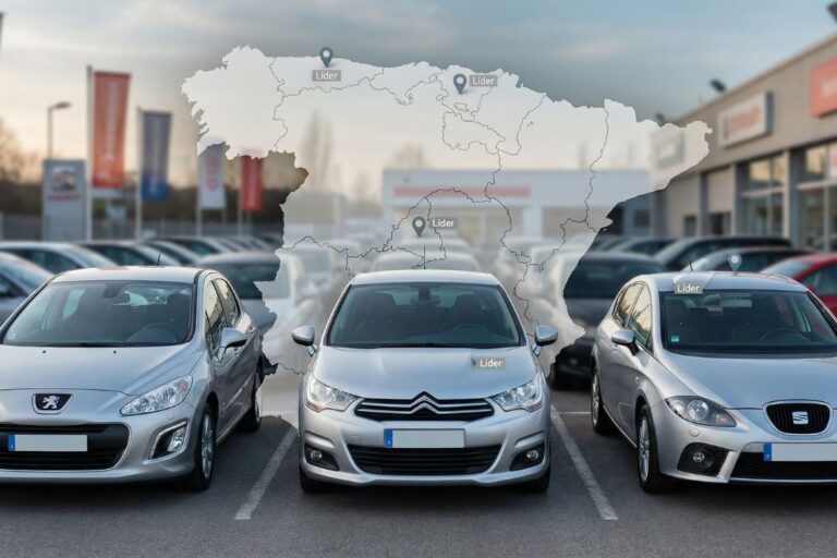 Tres coches de ocasión de Peugeot, Citroën y SEAT frente a un concesionario, con un mapa de España que indica que el líder cambia según la comunidad.