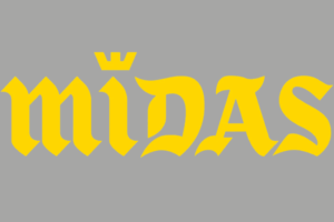 Logotipo de Midas con elementos que representan crecimiento y éxito financiero en España.